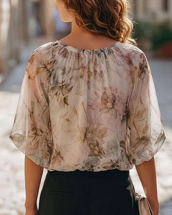 Blouse Inkt Was Bloemen Ballon Mouw