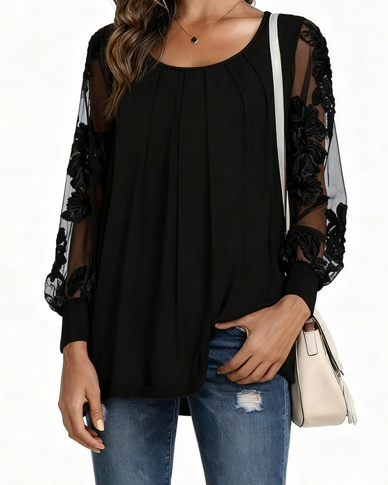 Lange Mouwen Blouse In Patchwork Met Plooien