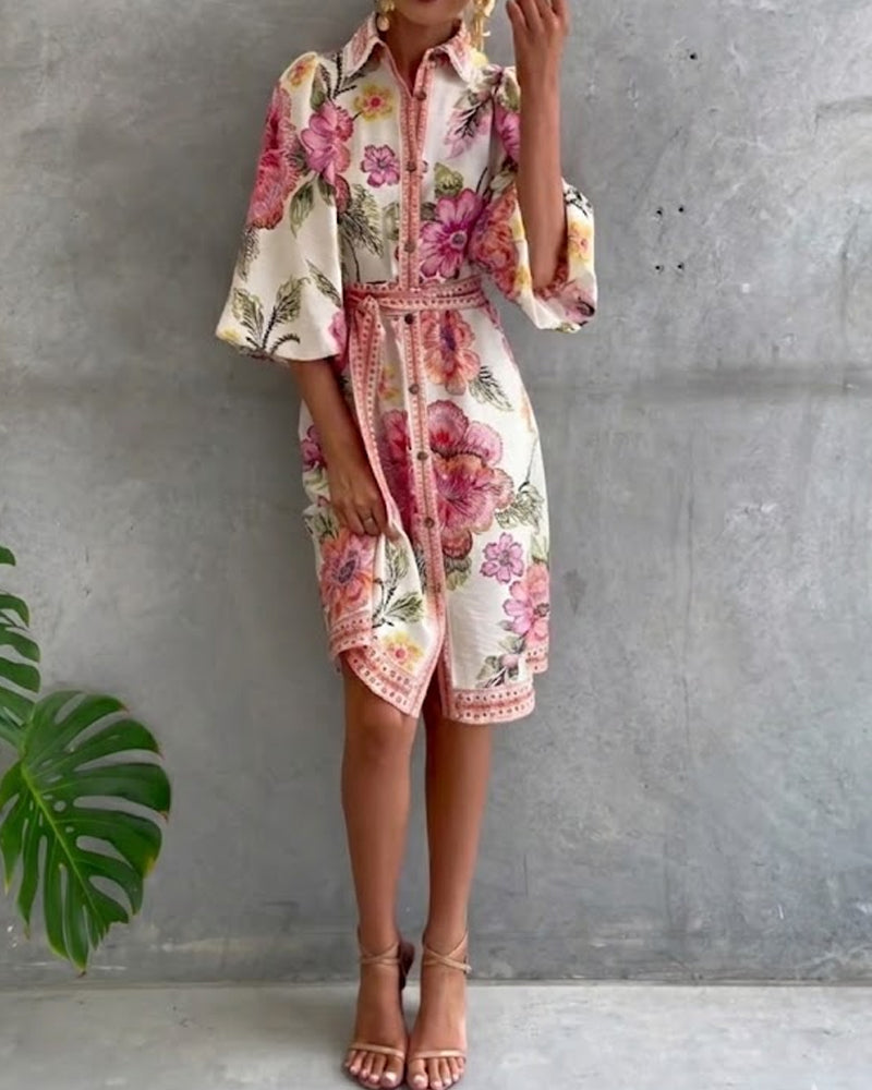 Jurk Frans Lantaarn Mouw Reverskraag Bedrukt