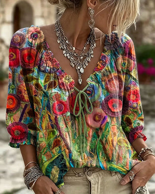 Blouse V-Hals Ruffle Pofmouw Strik