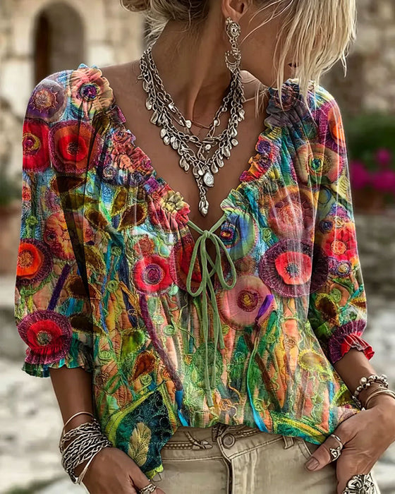 Blouse V-Hals Ruffle Pofmouw Strik