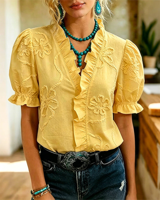 Blouse V-Hals Ruche Rand Pofmouw