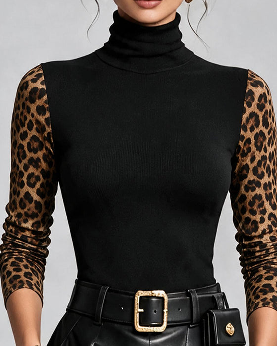 Top Luipaardprint Samengevoegd Hoge Hals Slimfit