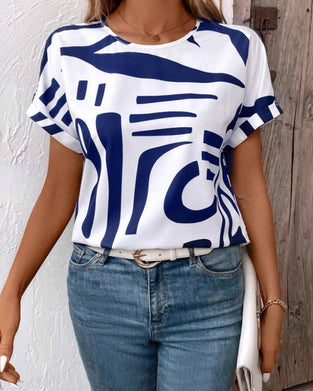 T-Shirt Ronde Hals Korte Mouw Geometrische Print