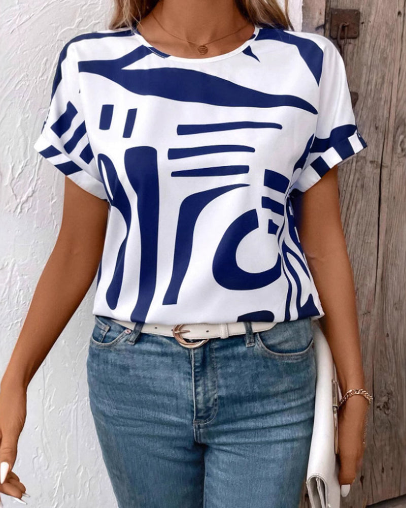 T-Shirt Ronde Hals Korte Mouw Geometrische Print