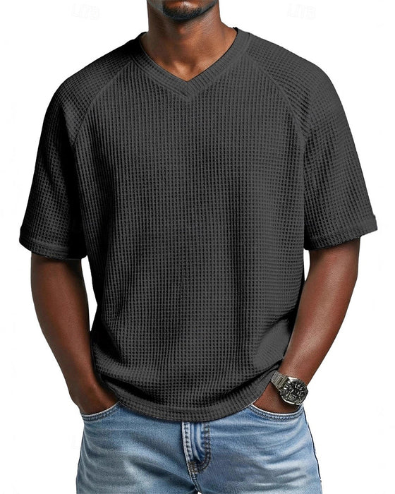 Heren V-Hals T-Shirt Met Wafelstructuur, Casual Short-Sleeve Top In Effen Kleur