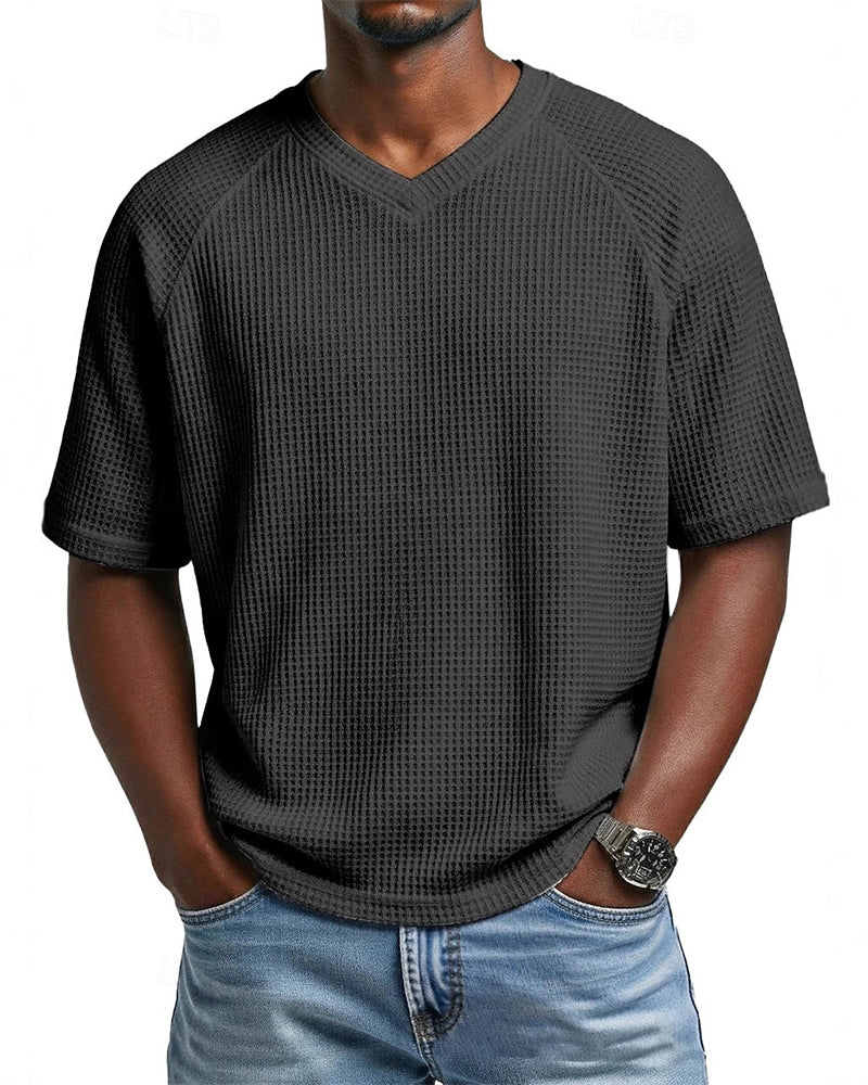 Heren V-Hals T-Shirt Met Wafelstructuur, Casual Short-Sleeve Top In Effen Kleur