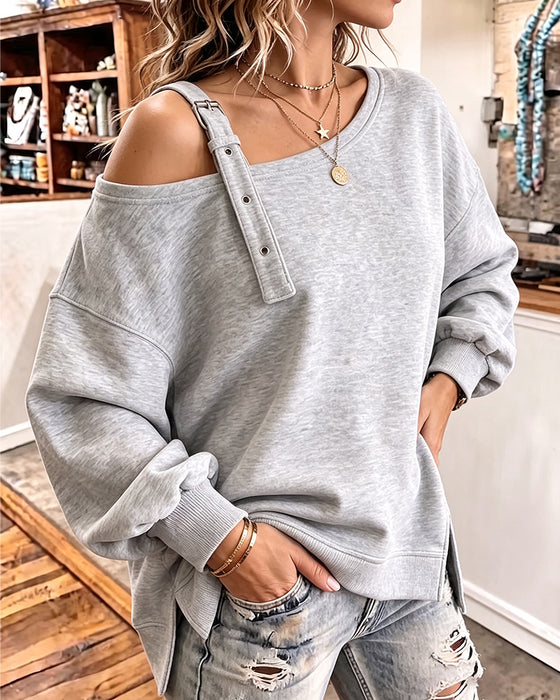 Sweatshirt Vrije Schouder Band Split Losse Pasvorm