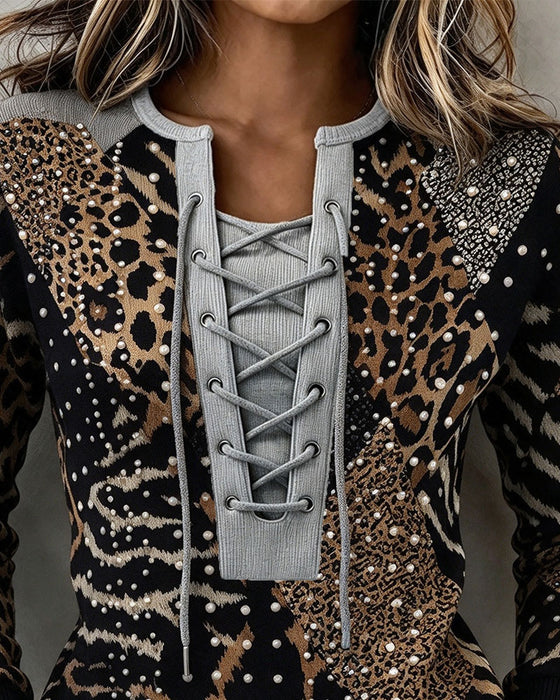 Sweatshirt Strik Luipaard Patchwork Getailleerd