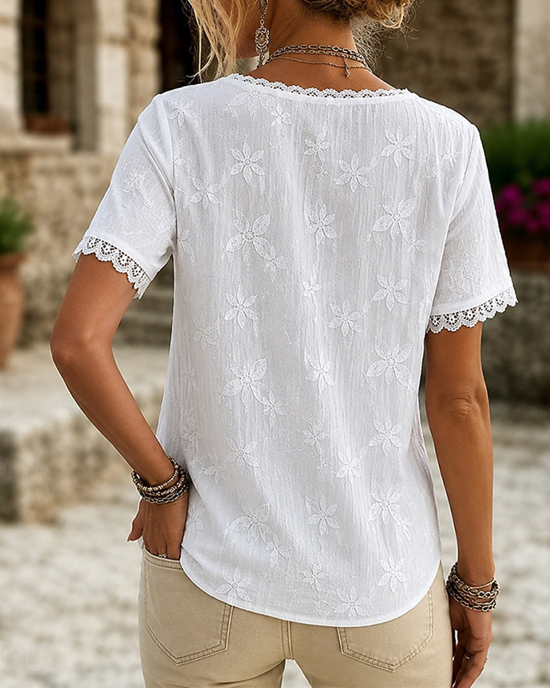 Blouse V-Hals Kant Korte Mouw