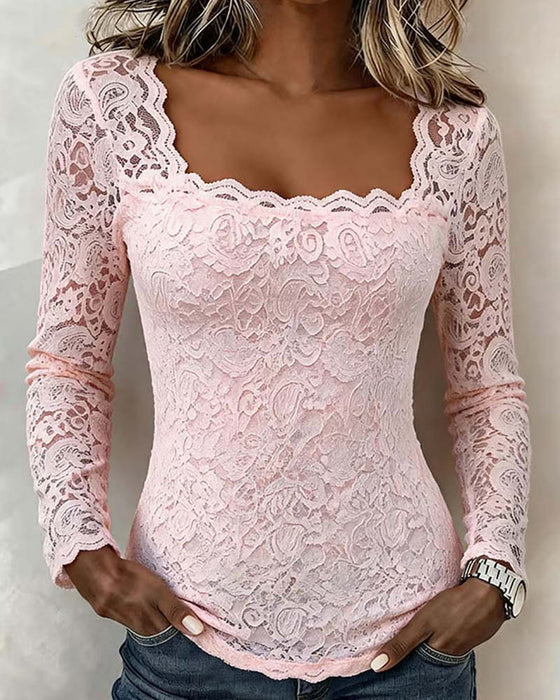 Blouse Vierkante Hals Kant Patchwork