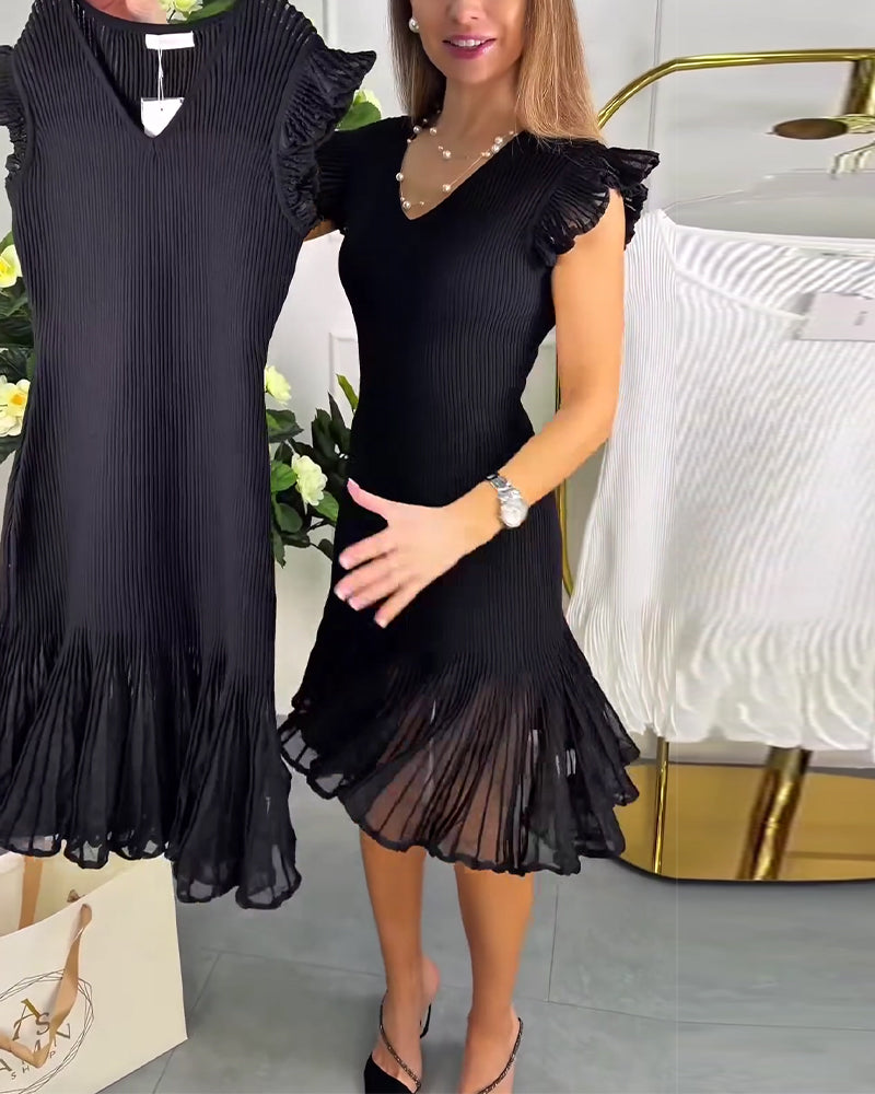 Jurk Kleine Vleugelmouwen Kant V-Hals