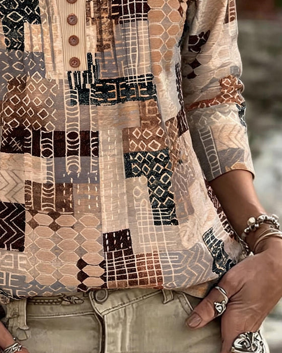 T-Shirt Geometrisch Patchwork Afdruk Henley