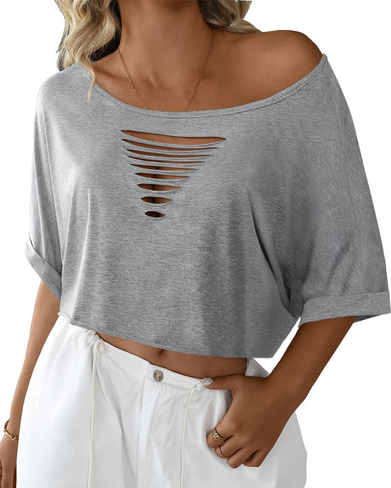 T-Shirts Off-Shoulder Asymmetrisch Gescheurd Omgerolde Zoom