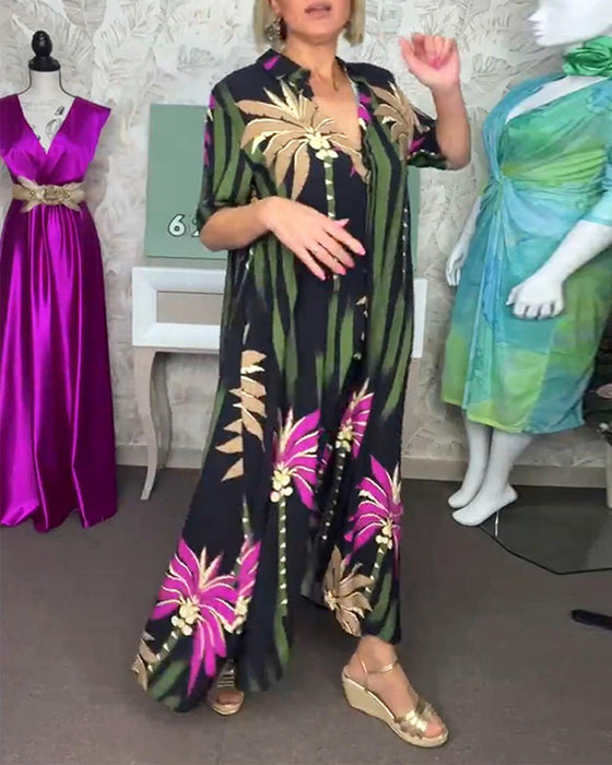 Casual losse jurk met split met bladprint en korte mouw