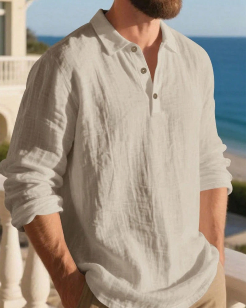 Overhemd Heren Lichtgewicht Los Linnen Lange Mouw Polo