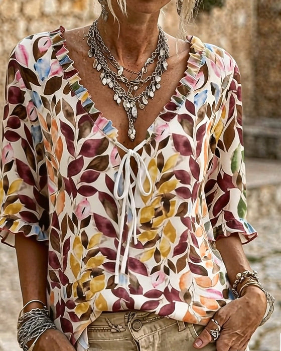 Casual Bedrukte Blouse Met Ruche Mouwen