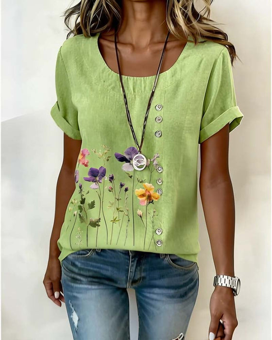 T-Shirt Bloemig Print Ronde Hals Korte Mouw