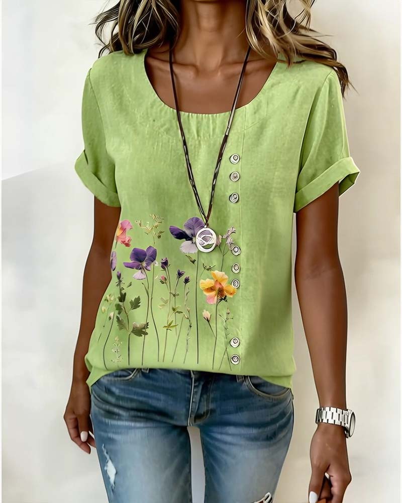 T-Shirt Bloemig Print Ronde Hals Korte Mouw