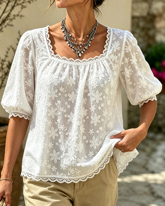 Blouse Met Vierkante Hals Pofmouwen Jacquard