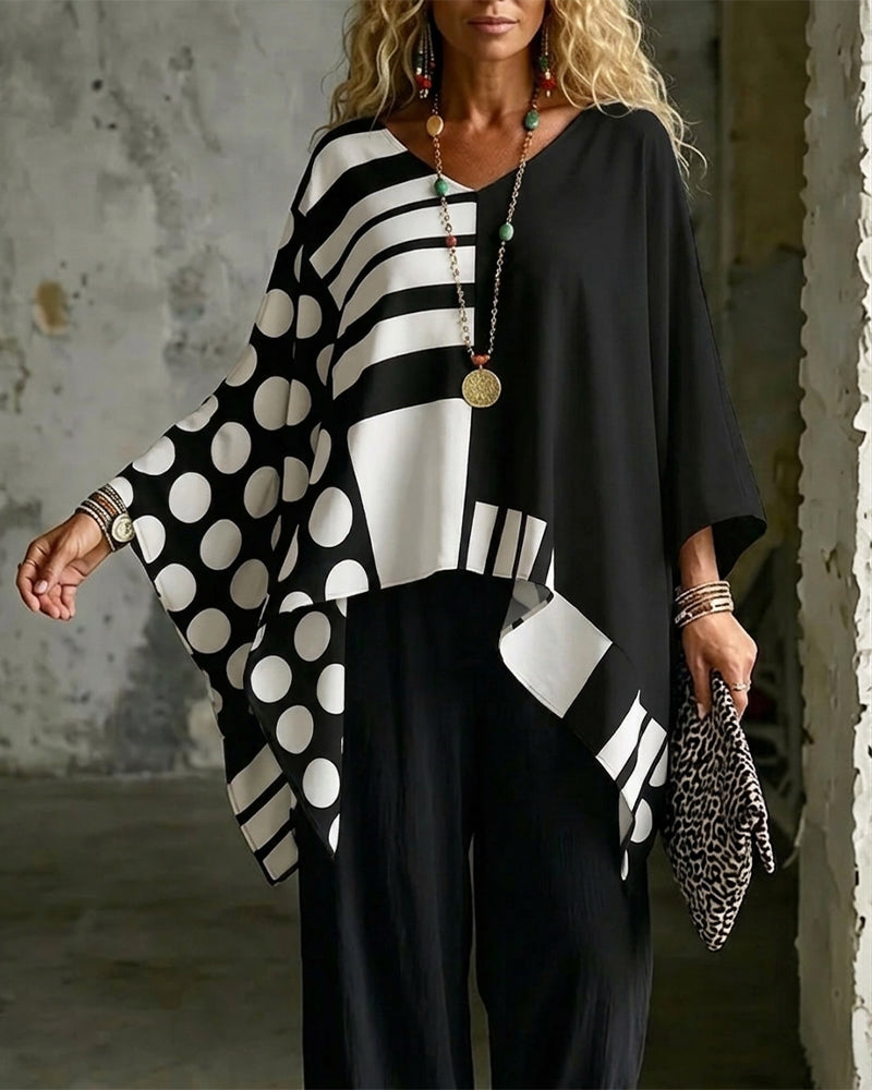 Blouse Polka Dot Streep Patchwork V Hals