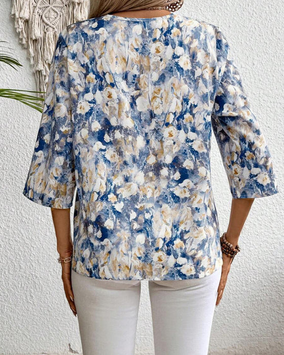 Blouse V-Hals Driekwart Mouw Bloemenprint