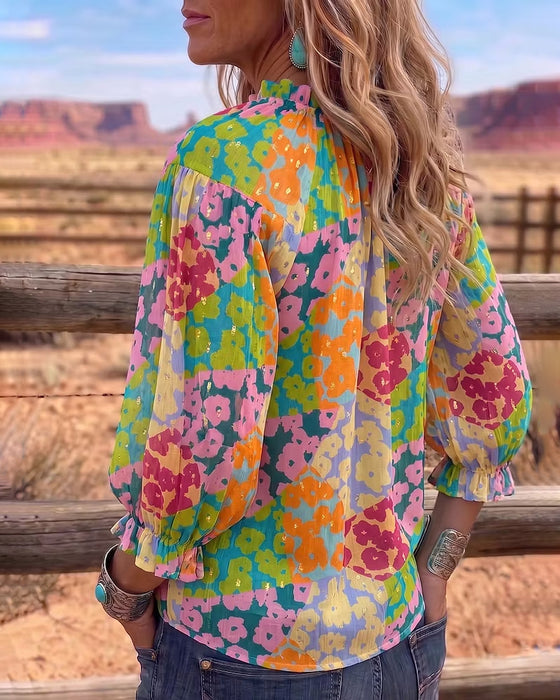 Blouse Bloemen V-Hals Strik-Voor Poef Mouw