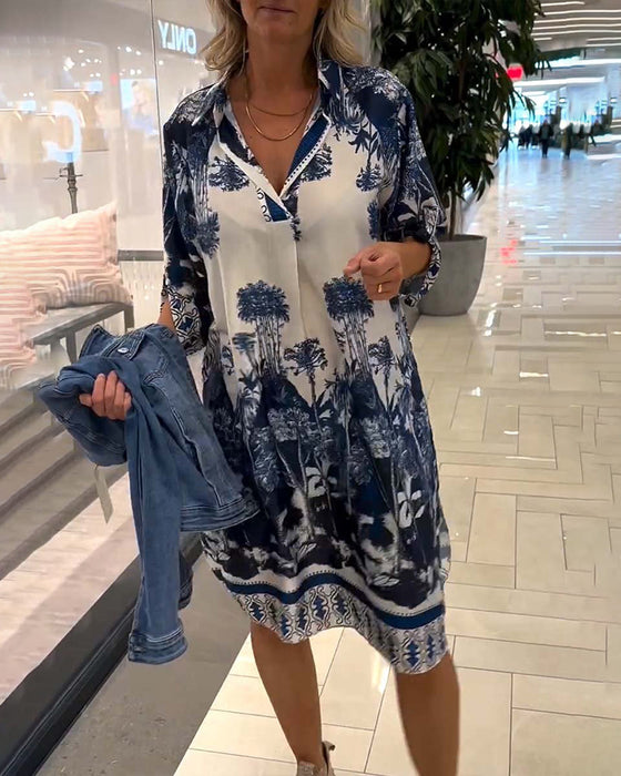 Casual jurk met revers en driekwart mouwen met botanische print