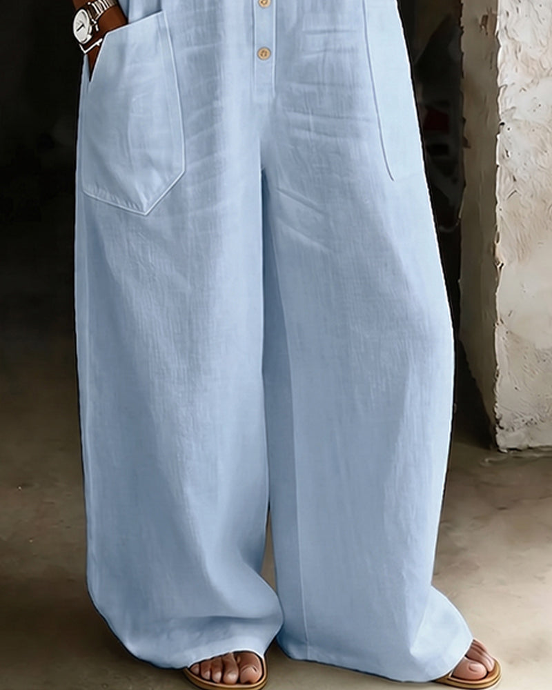 Jumpsuit 100% Katoen Omslagkraag Casual Wijd Pijp