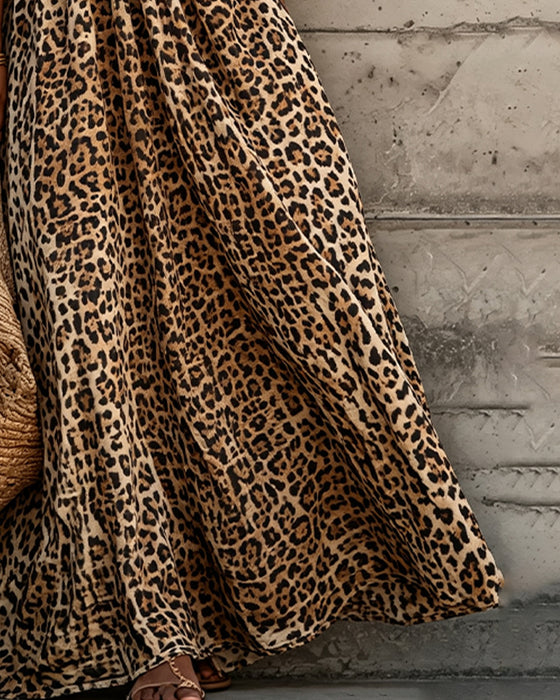 Jurk Luipaard Print V-Hals Poef Mouw