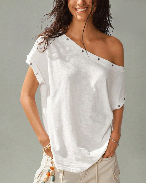 T-Shirt Enkel Schouder Klinknagel Effen