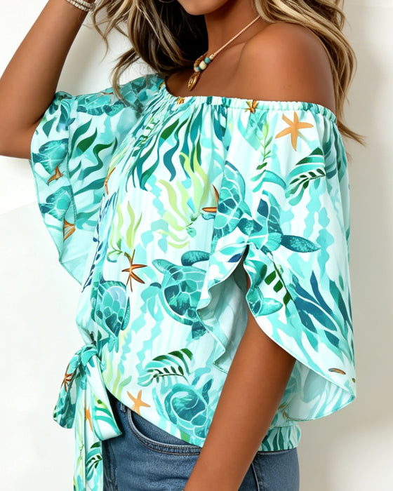Blouse Oceaan Print Off-Shoulder Stropdas
