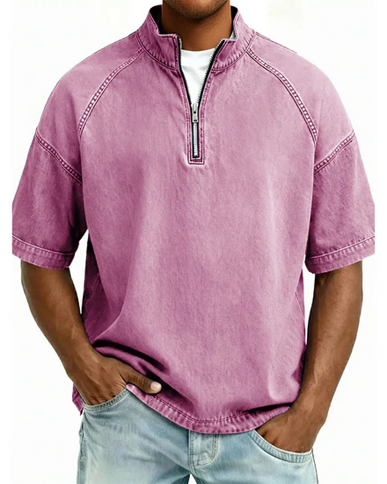 Overhemd Met Washed Look En Rits Korte Mouw