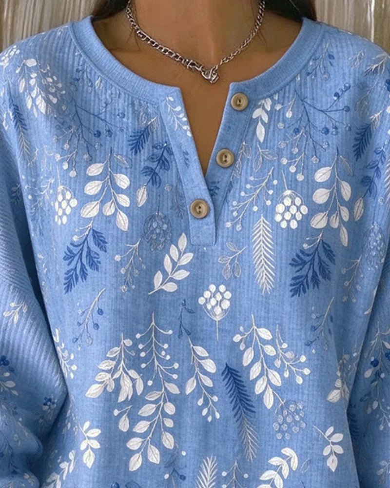 Sweatshirt Wafel Henry Kraag Bloemenprint