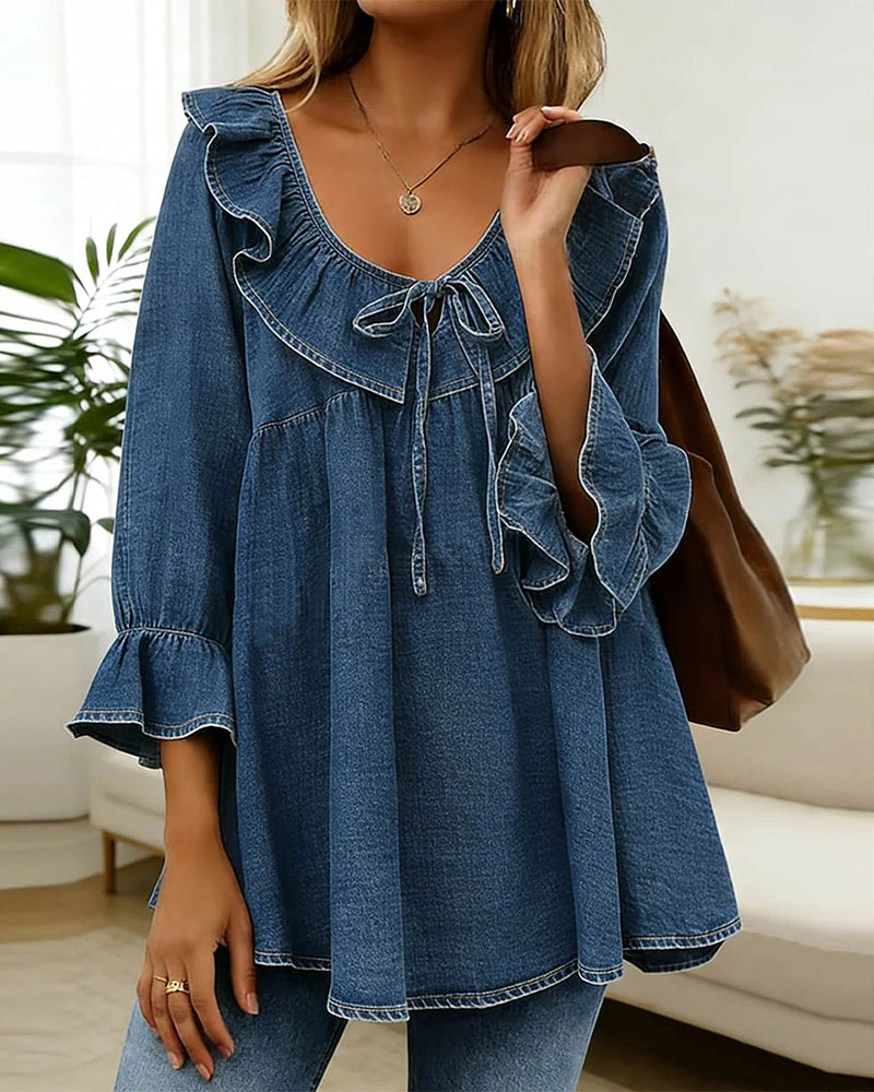 Blouse Ruches Strik Denim Ronde Hals