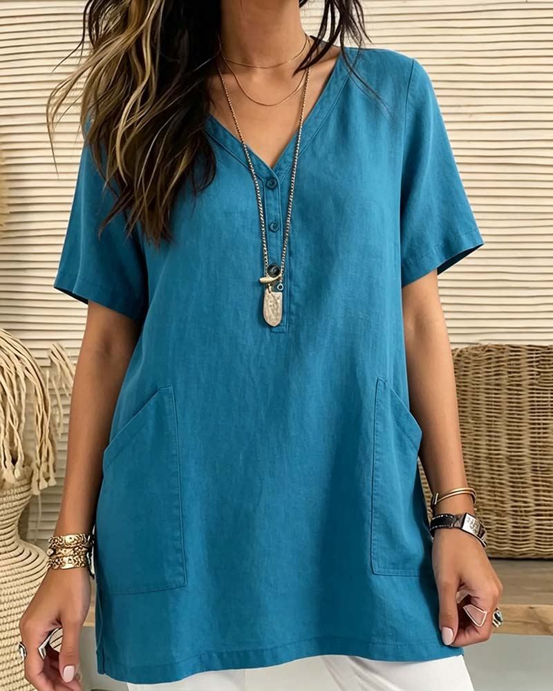 Blouses V-Hals Korte Mouw Half Knoopsluiting Zak
