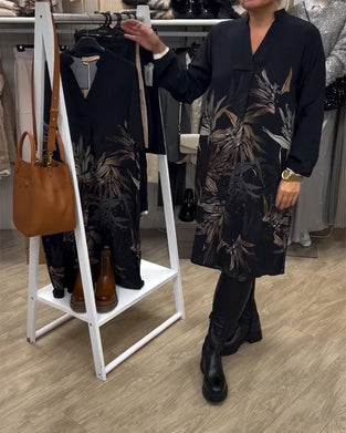 Jurk Met V-Hals En Bladprint Met Lange Mouwen