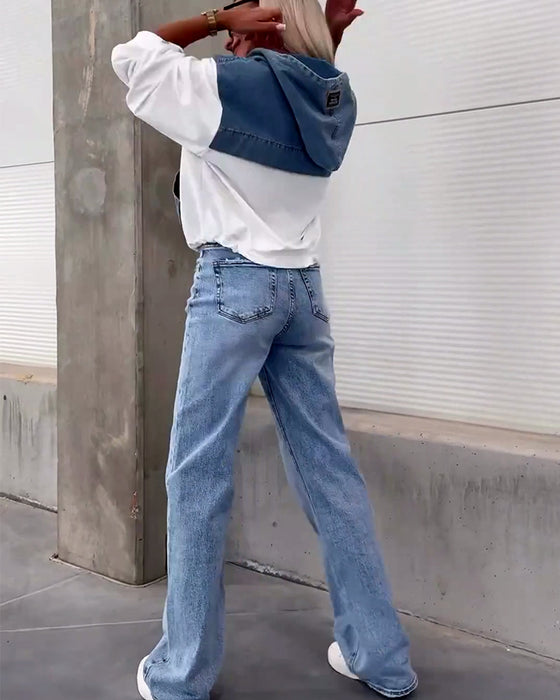 Casual denim patchwork hoodie met rits