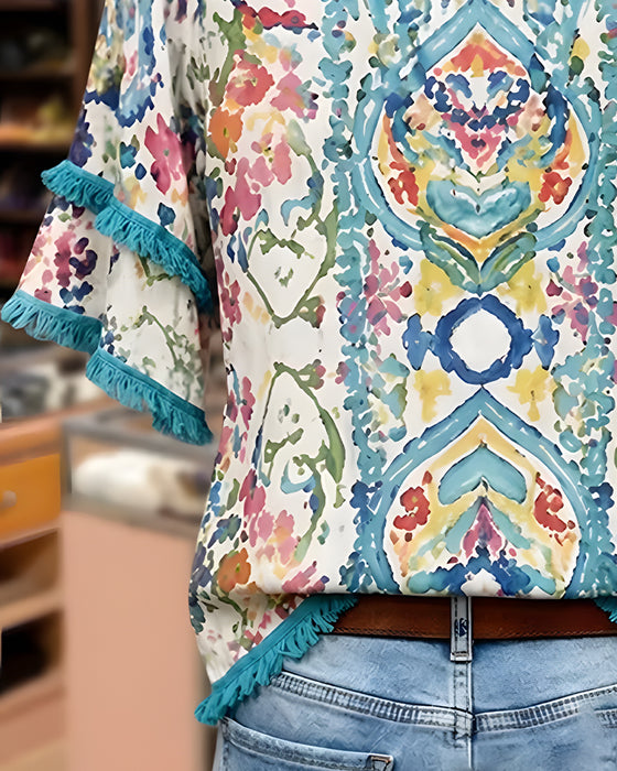 Shirt V-Hals Franje Ruffle Etnisch