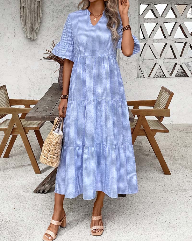 Jurk Blauw Wit Gingham V-Hals