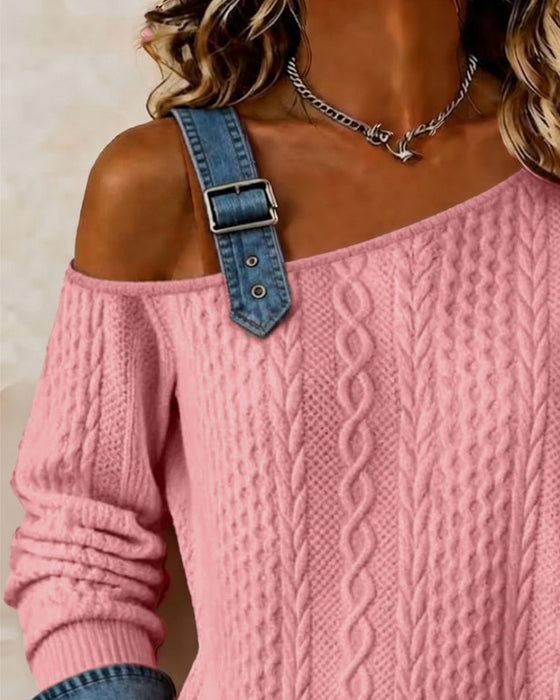 Sweatshirt Een-Schouder Bandjes Denim Patchwork Casual