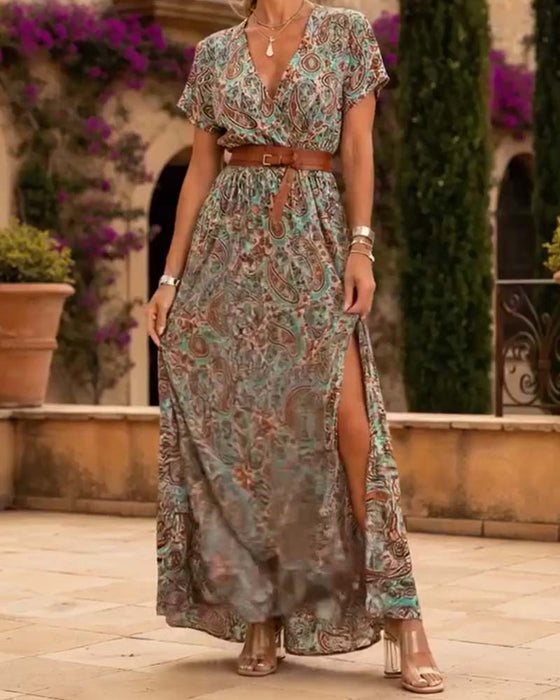 Jurk V-Hals Vintage Paisley Split Lang