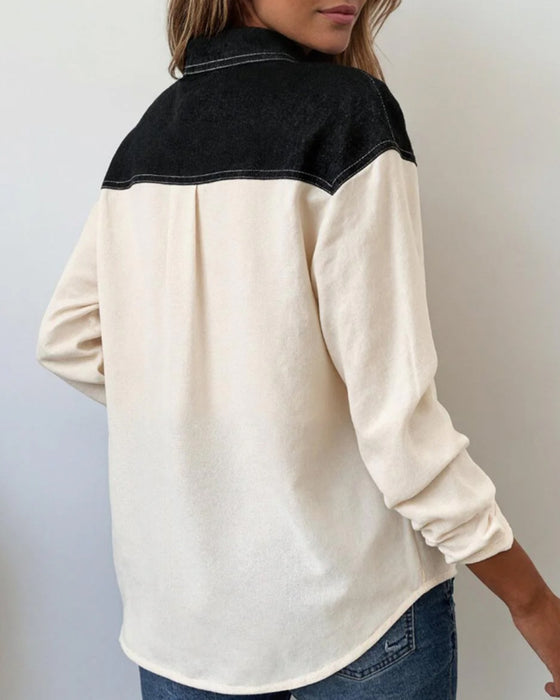 Blouse casual revers denim patchwork