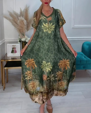 Jurk V-Hals Palmboom Print Korte Mouw Lang
