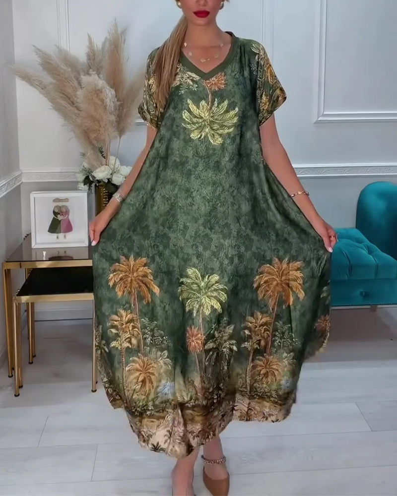 Jurk V-Hals Palmboom Print Korte Mouw Lang