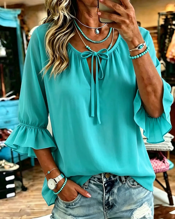 Blouse Effen Kleur Ruchesmouw Vetersluiting