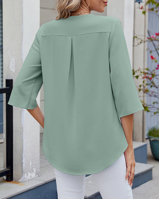 Blouse Halve Mouwen Ruches Effen Kleur Casual