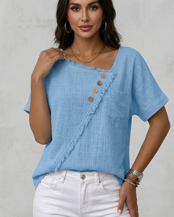 Blouse Ruwe Rand Schuin Gesneden Knoop Korte Mouw
