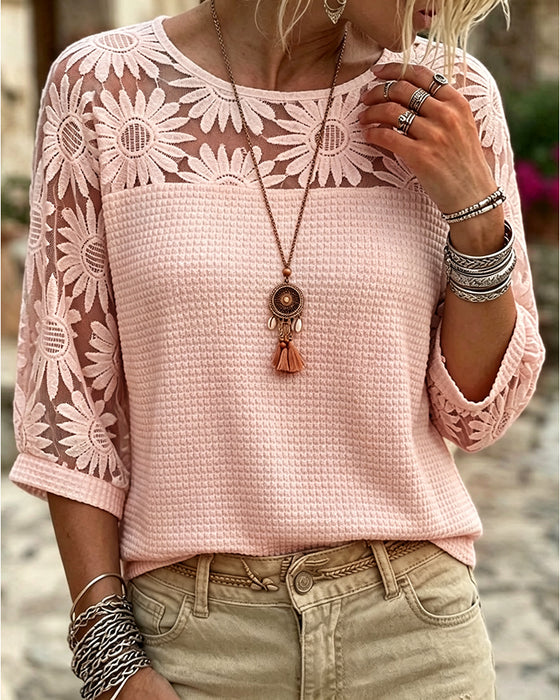 T-Shirt Ronde Hals Kant Wafel Patchwork