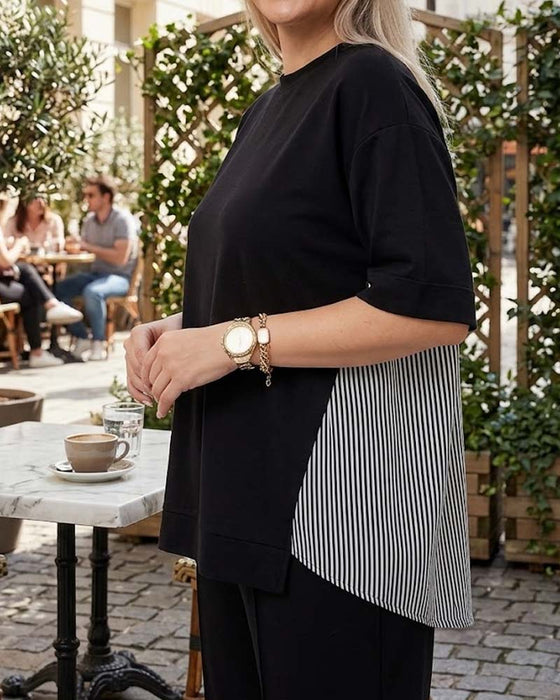 Casual blouse met patchwork en krijtstreep